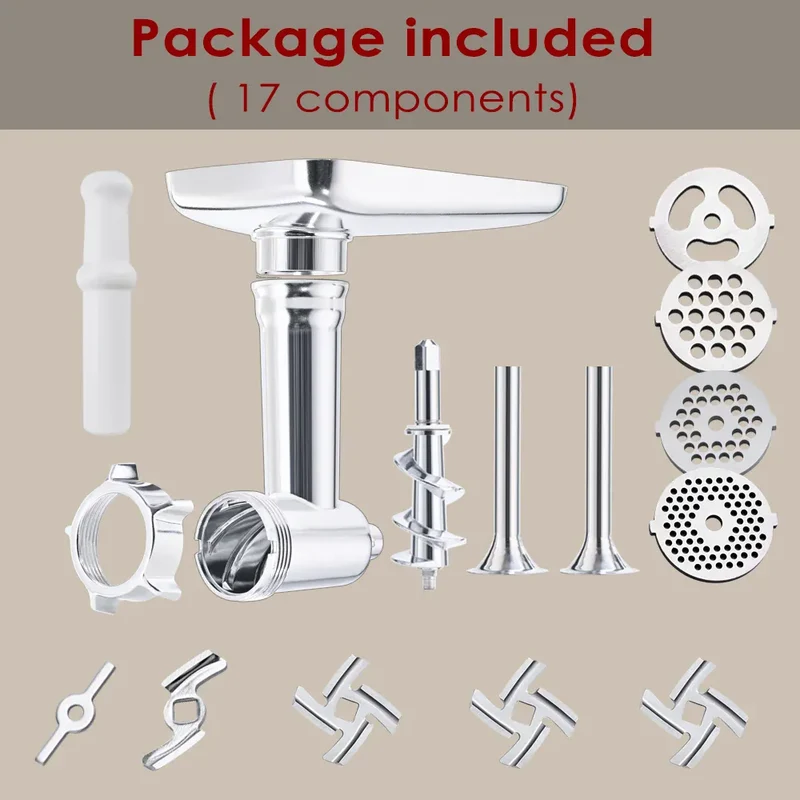 Kit Accessoires Hachoir pour Robot KitchenAid — 17 Pièces, 4 Grilles, 3 Lames + Tubes à Saucisse