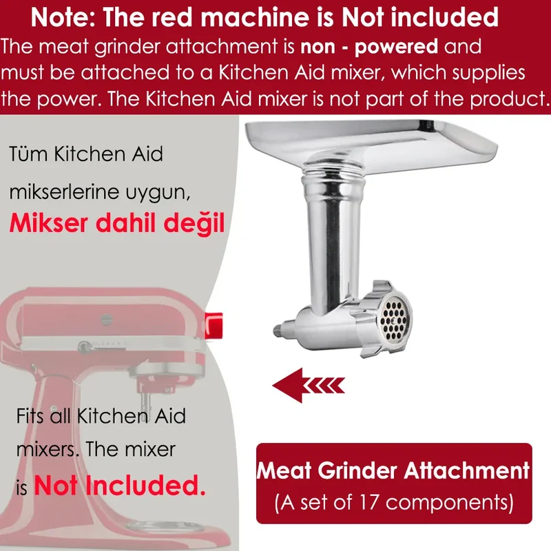 Kit Accessoires Hachoir pour Robot KitchenAid — 17 Pièces, 4 Grilles, 3 Lames + Tubes à Saucisse