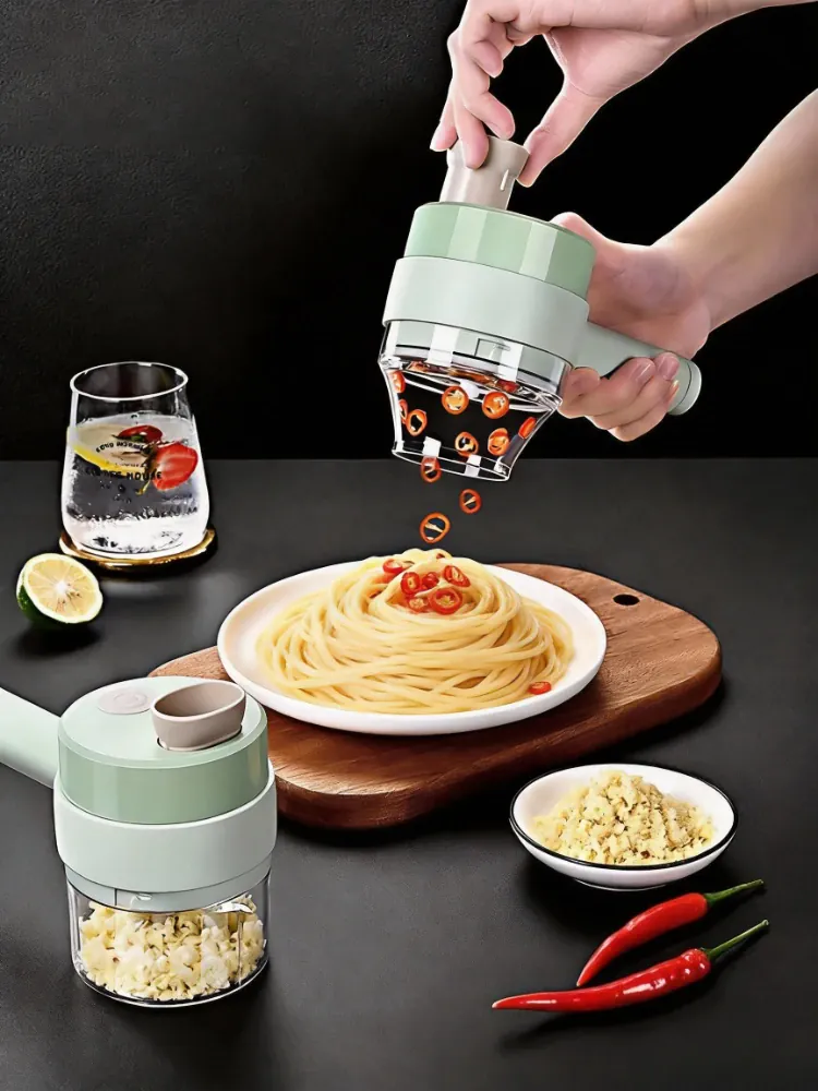 Mini Hachoir Électrique Sans Fil 4-en-1 — Ail, Légumes, Viande — Rechargeable USB
