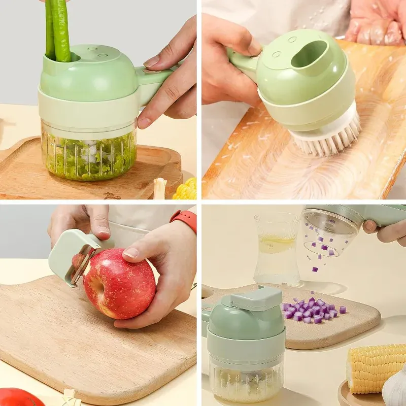 Mini Hachoir Électrique Sans Fil 4-en-1 — Ail, Légumes, Viande — Rechargeable USB