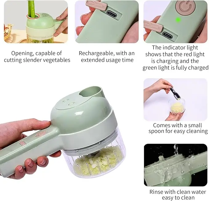 Mini Hachoir Électrique Sans Fil 4-en-1 — Ail, Légumes, Viande — Rechargeable USB