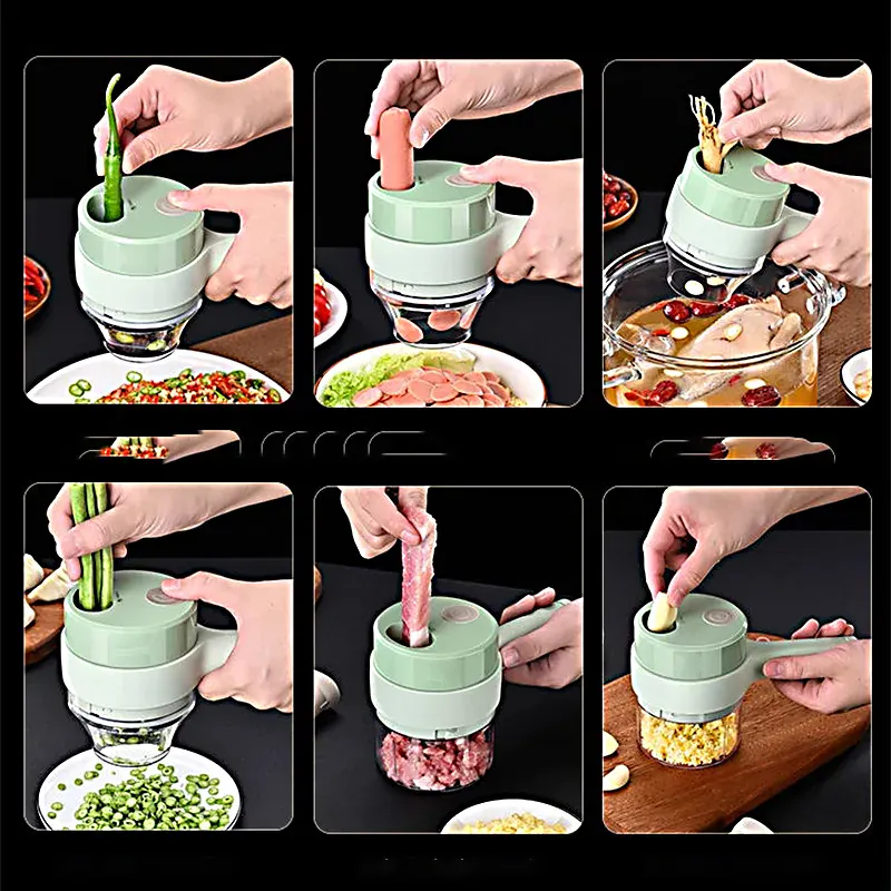 Mini Hachoir Électrique Sans Fil 4-en-1 — Ail, Légumes, Viande — Rechargeable USB