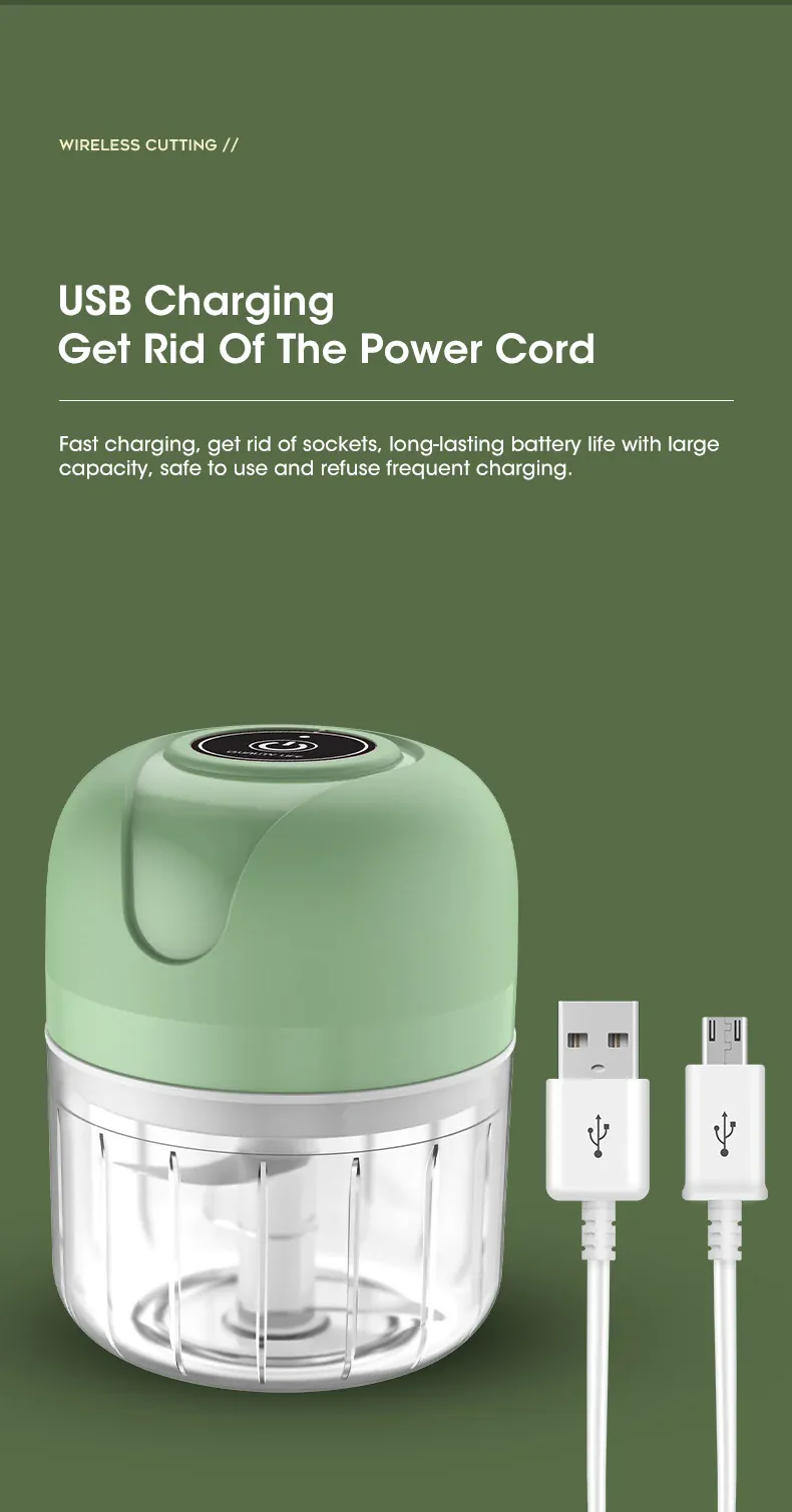Mini Hachoir Électrique Sans Fil 250 ml — Rechargeable USB, Lame Inox 3 Feuilles