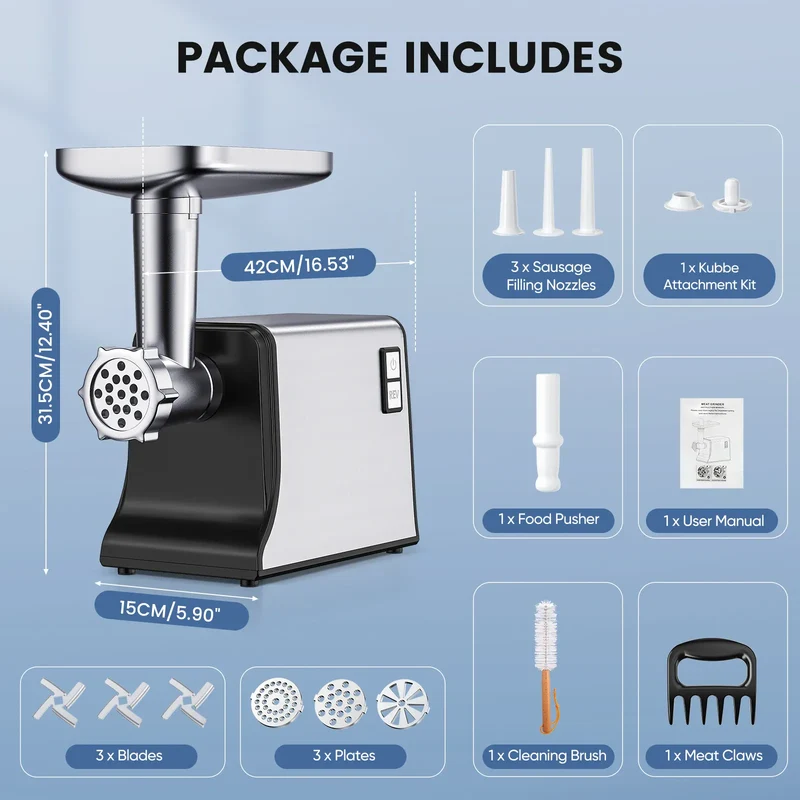 Hachoir Électrique Multifonction 3000W — 3 Lames, 3 Plaques, Saucisses & Kubbe