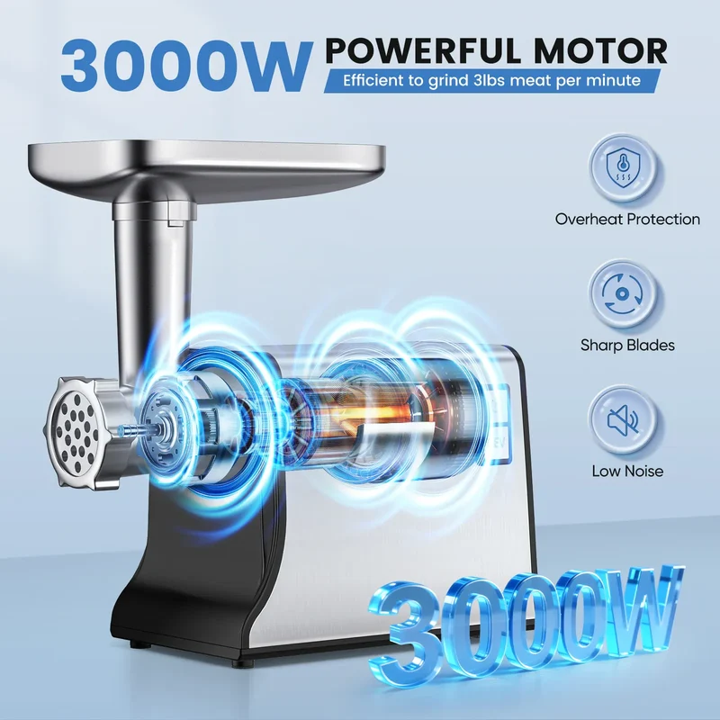 Hachoir Électrique Multifonction 3000W — 3 Lames, 3 Plaques, Saucisses & Kubbe