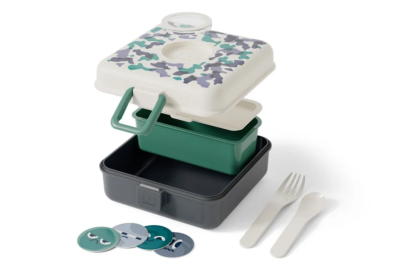 Boîte à sandwich enfant Monbento Snacky avec couverts bleu camo