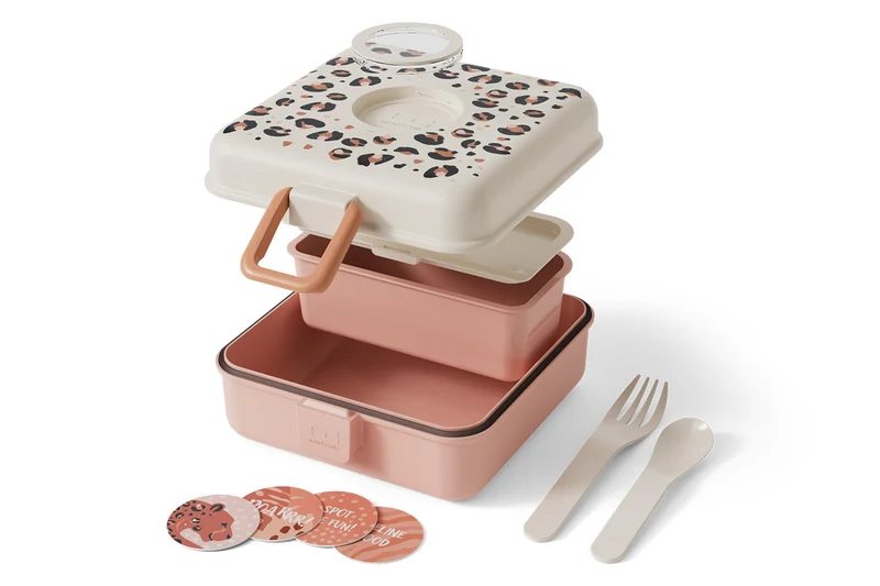 Boîte à sandwich enfant Monbento Snacky avec couverts rose léopard