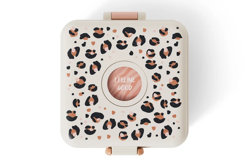 Boîte à sandwich enfant Monbento Snacky avec couverts rose léopard