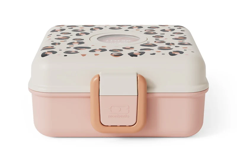 Boîte à sandwich enfant Monbento Snacky avec couverts rose léopard