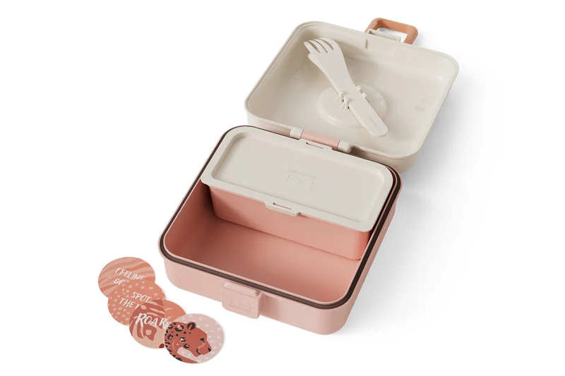 Boîte à sandwich enfant Monbento Snacky avec couverts rose léopard