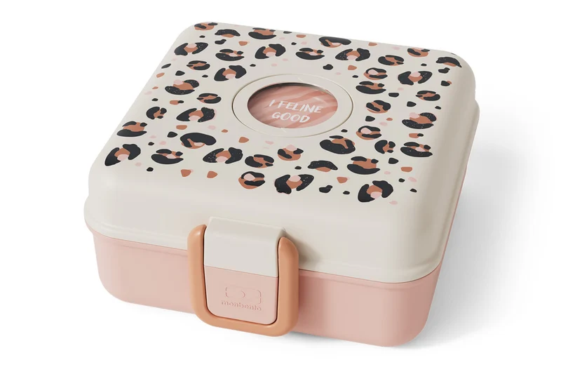 Boîte à sandwich enfant Monbento Snacky avec couverts rose léopard