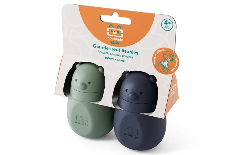 Set 2 gourdes à compote Monbento Yummy réutilisables pour bébés et enfants vert & bleu