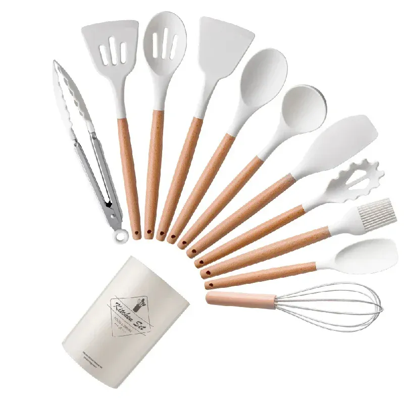 Set Ustensiles Silicone 12 Pieces avec Poignée en Bois - Cuisine