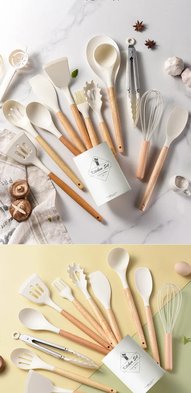 Set Ustensiles Silicone 12 Pieces avec Poignée en Bois - Cuisine