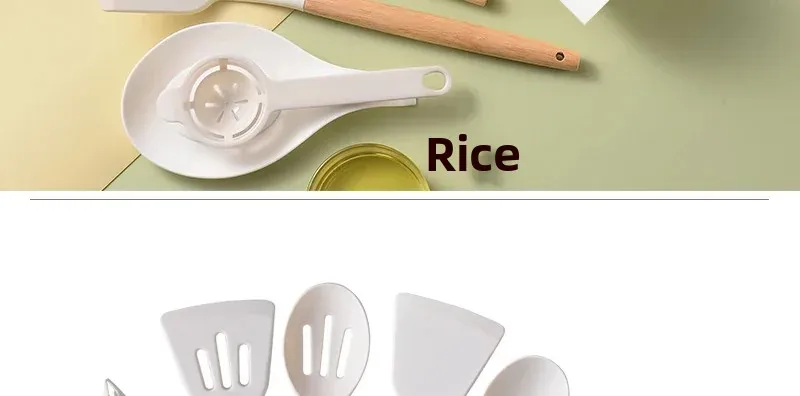 Set Ustensiles Silicone 12 Pieces avec Poignée en Bois - Cuisine