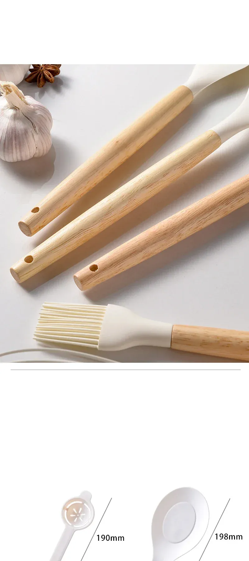 Set Ustensiles Silicone 12 Pieces avec Poignée en Bois - Cuisine