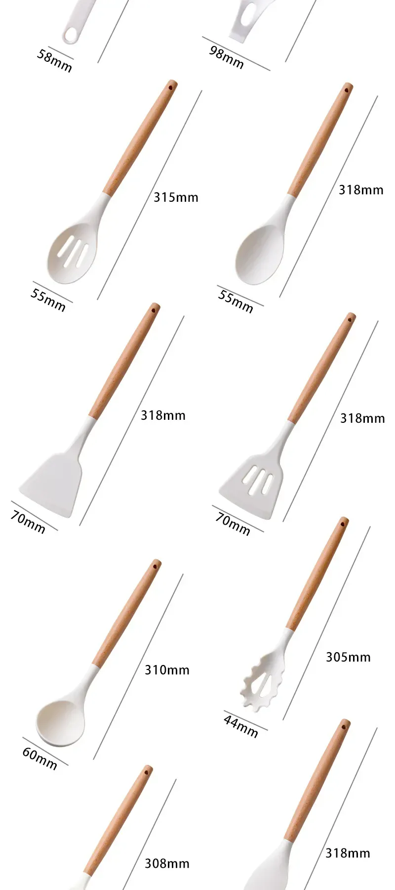 Set Ustensiles Silicone 12 Pieces avec Poignée en Bois - Cuisine