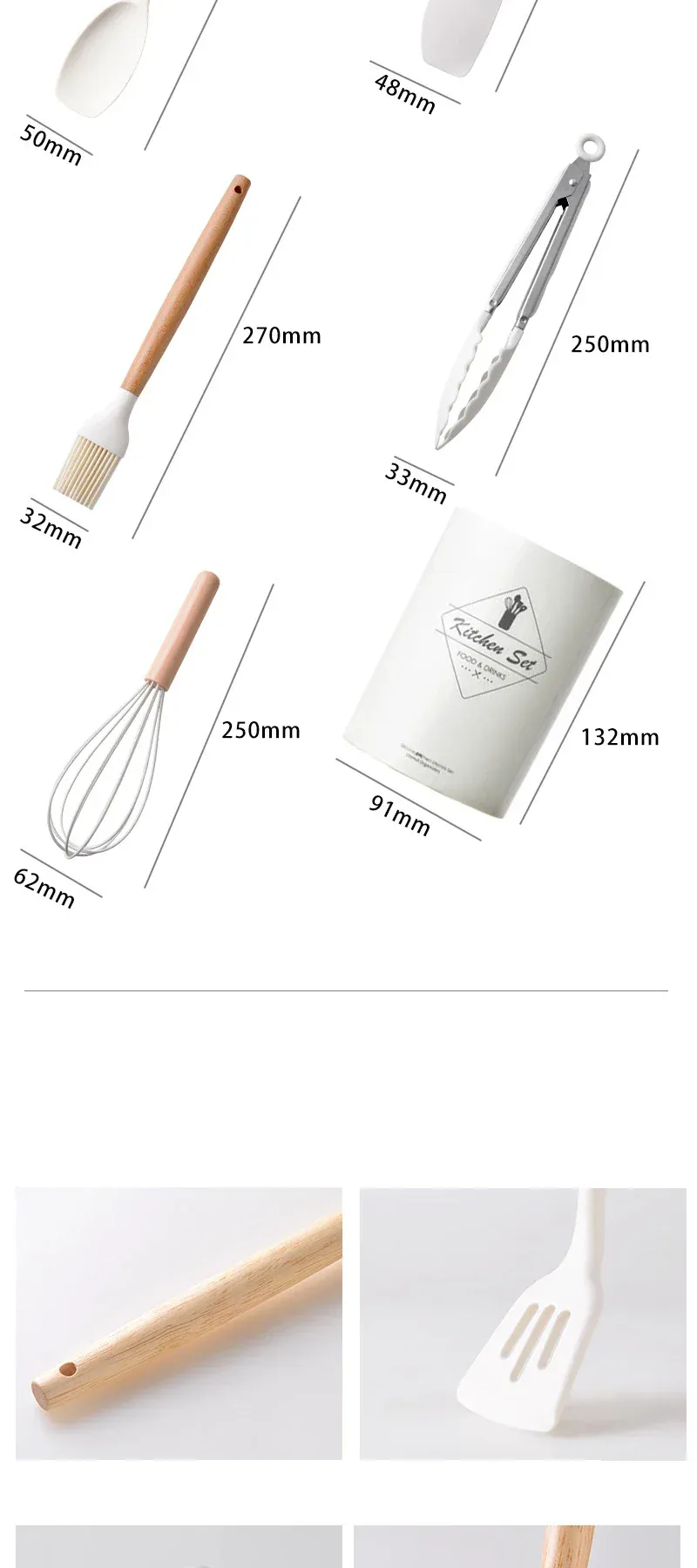 Set Ustensiles Silicone 12 Pieces avec Poignée en Bois - Cuisine