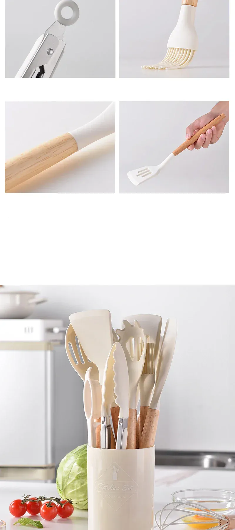Set Ustensiles Silicone 12 Pieces avec Poignée en Bois - Cuisine