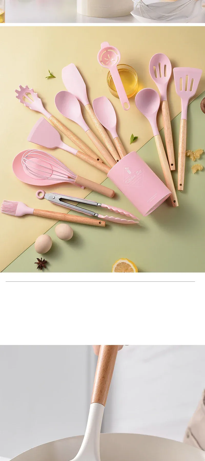 Set Ustensiles Silicone 12 Pieces avec Poignée en Bois - Cuisine