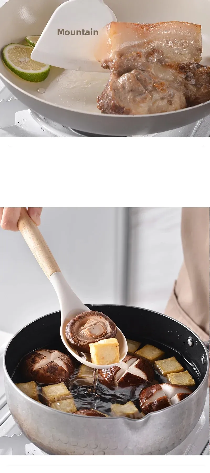 Set Ustensiles Silicone 12 Pieces avec Poignée en Bois - Cuisine