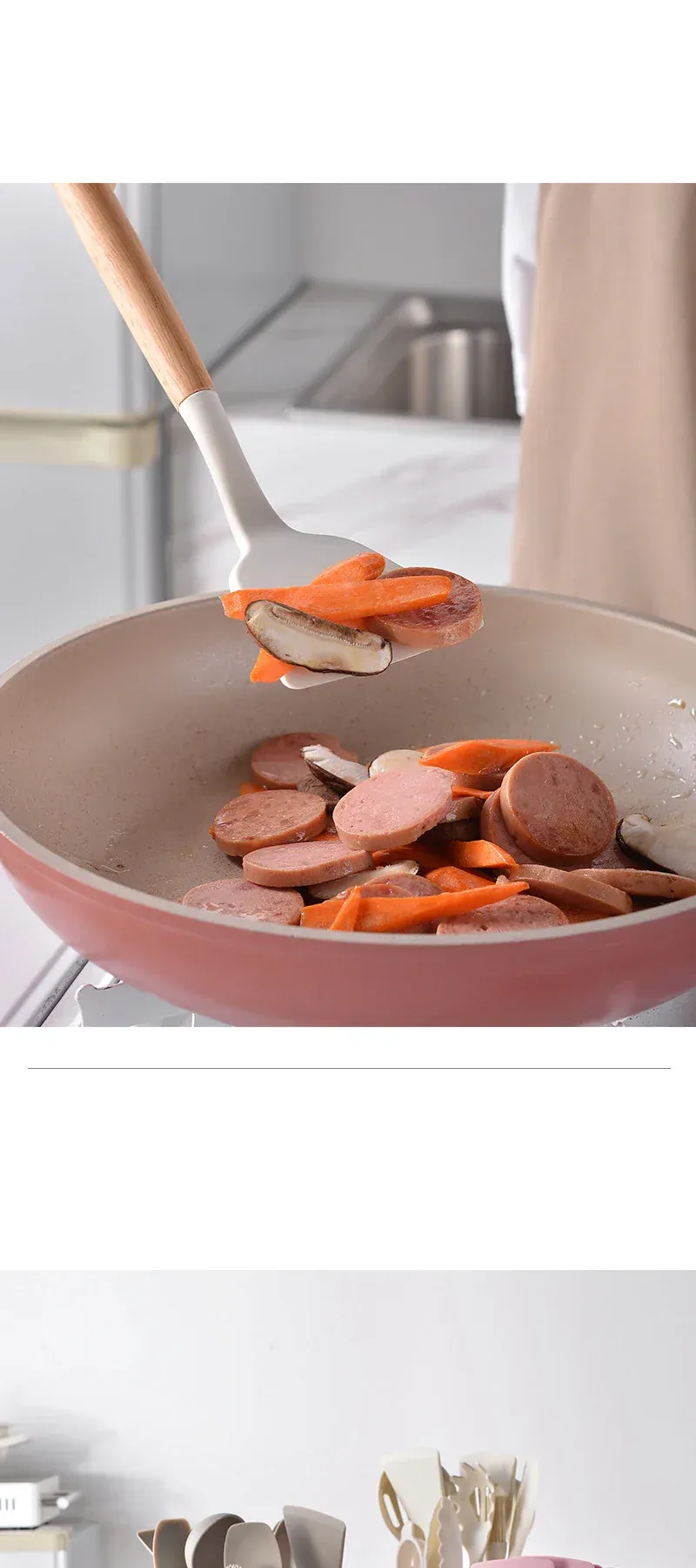 Set Ustensiles Silicone 12 Pieces avec Poignée en Bois - Cuisine