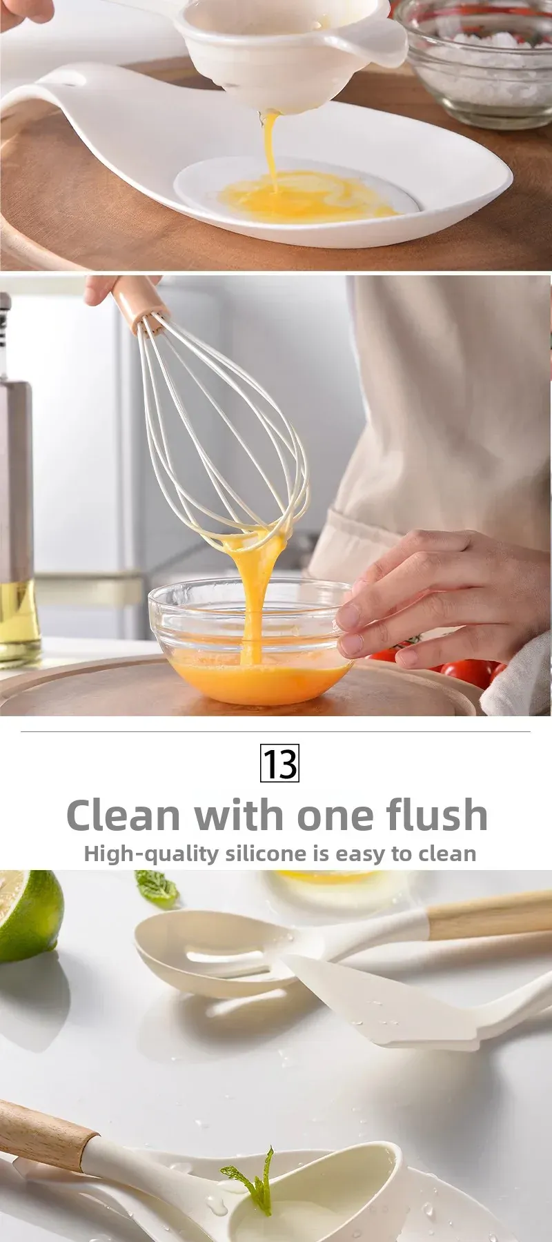 Set Ustensiles Silicone 12 Pieces avec Poignée en Bois - Cuisine