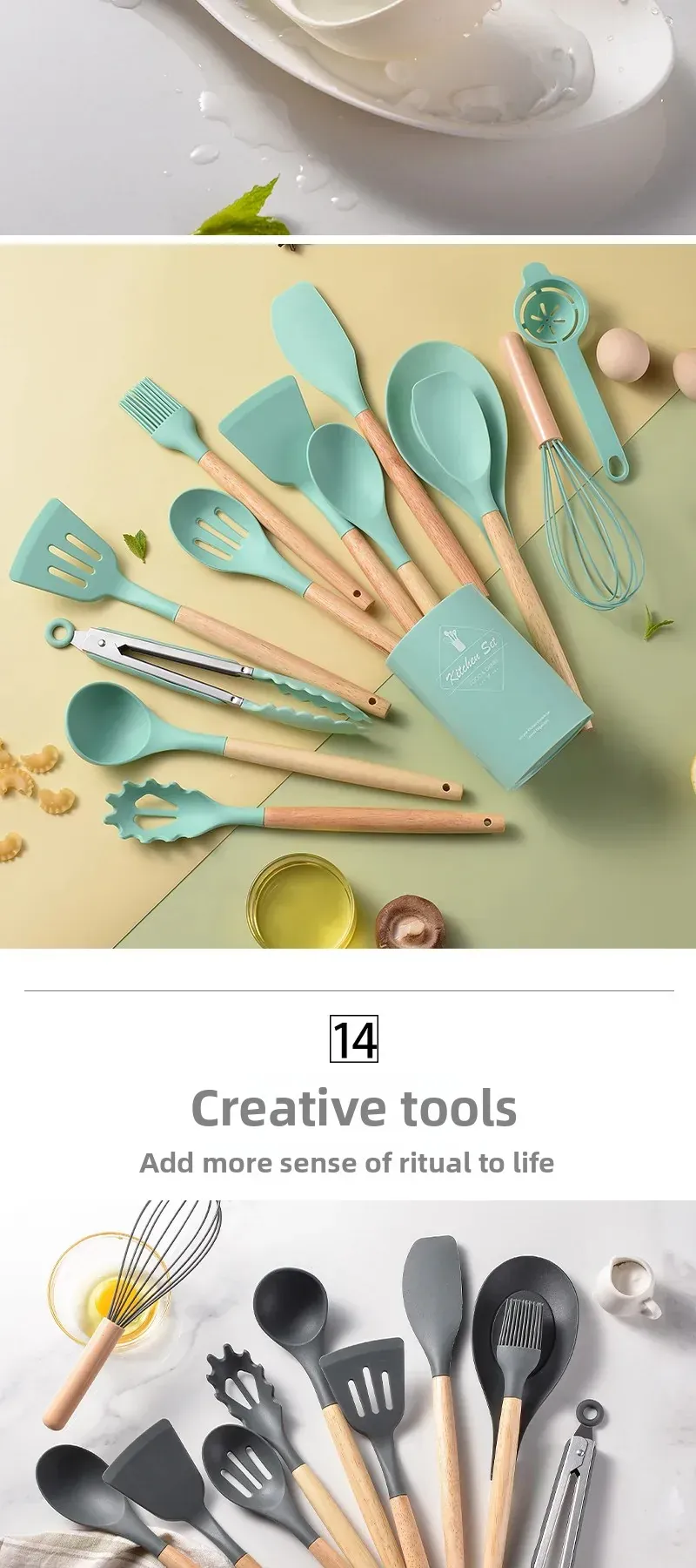 Set Ustensiles Silicone 12 Pieces avec Poignée en Bois - Cuisine