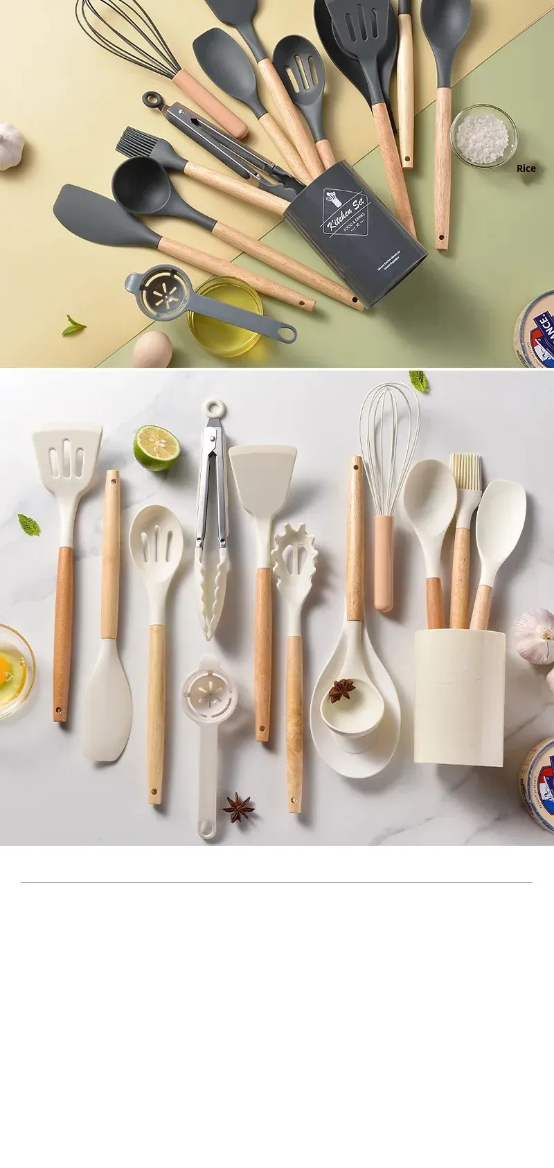 Set Ustensiles Silicone 12 Pieces avec Poignée en Bois - Cuisine