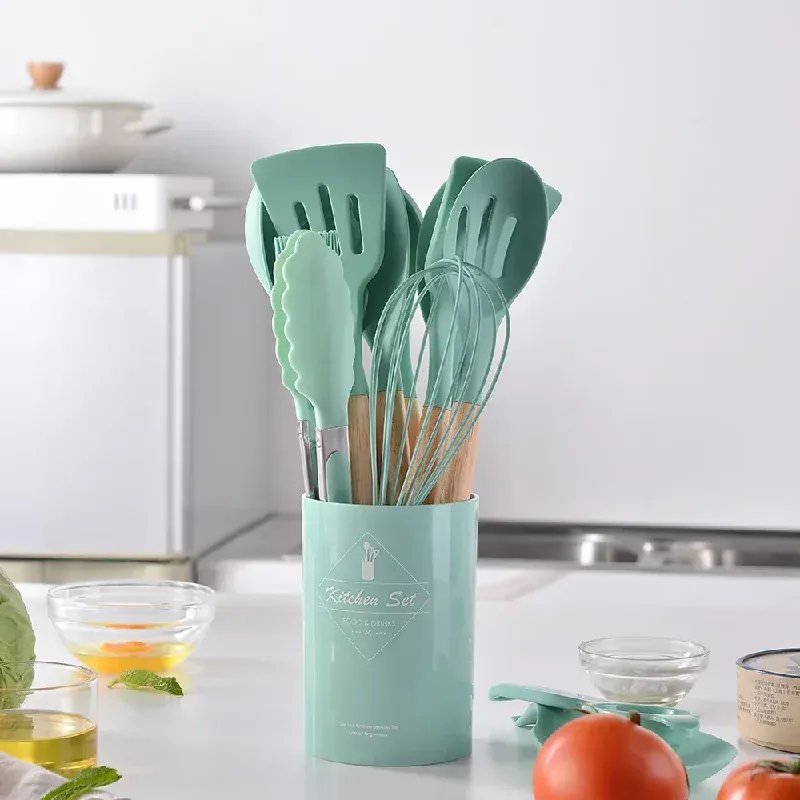 Set Ustensiles Silicone 12 Pieces avec Poignée en Bois - Cuisine