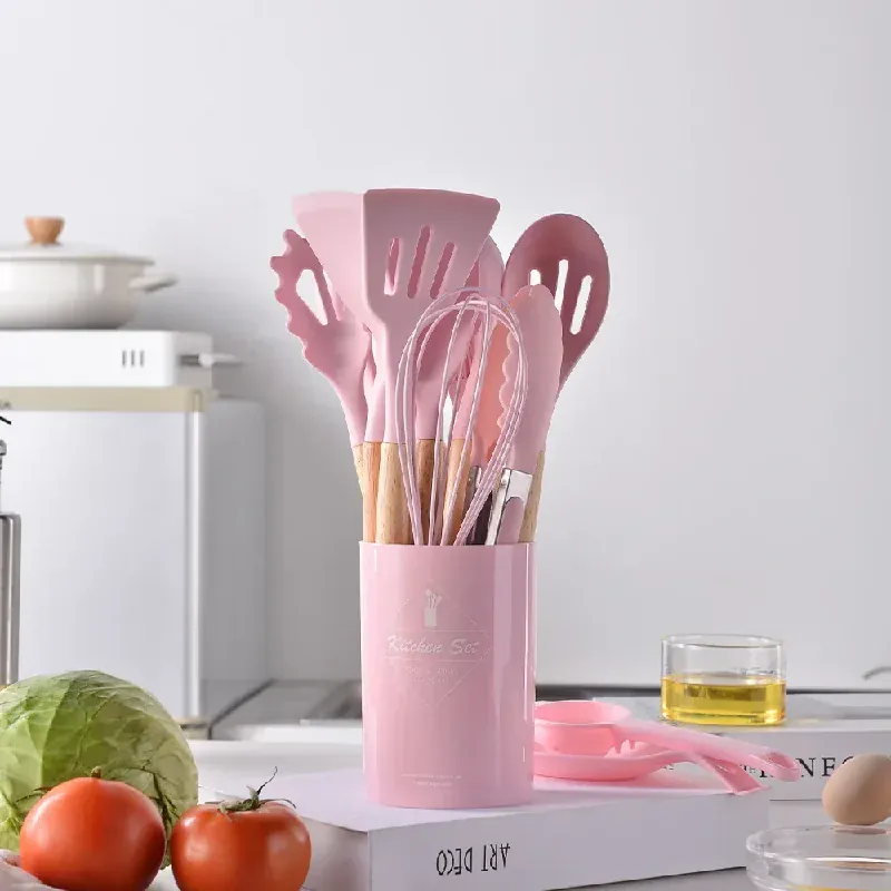 Set Ustensiles Silicone 12 Pieces avec Poignée en Bois - Cuisine