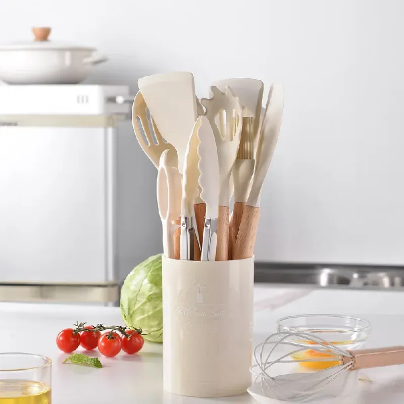 Set Ustensiles Silicone 12 Pieces avec Poignée en Bois - Cuisine