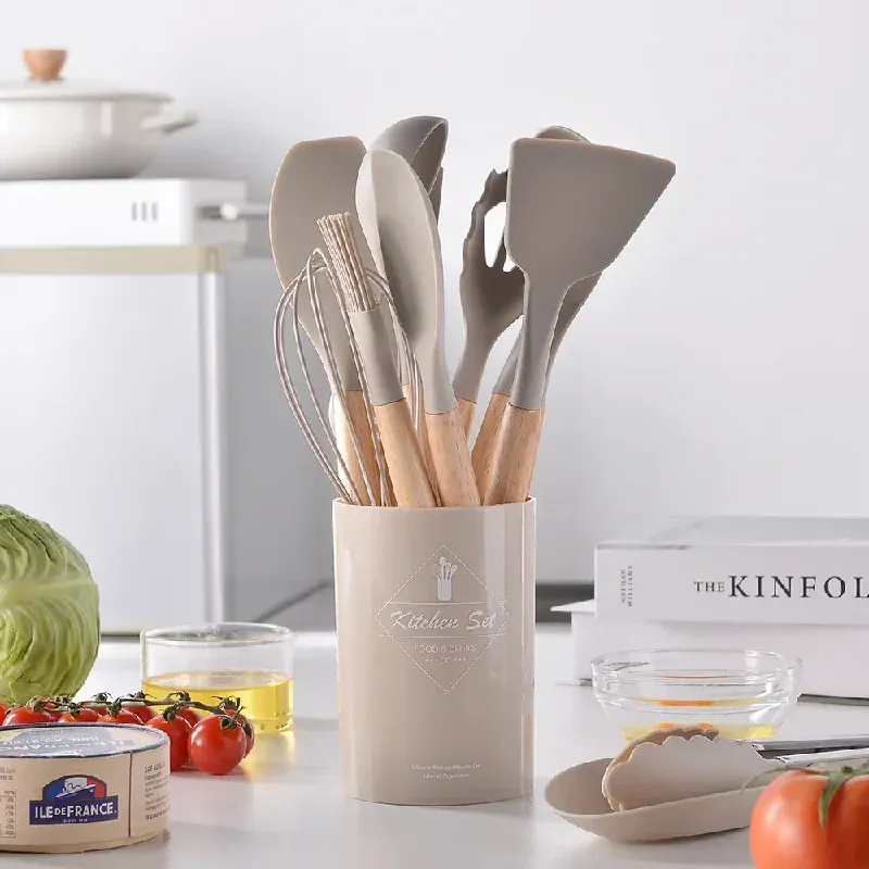 Set Ustensiles Silicone 12 Pieces avec Poignée en Bois - Cuisine