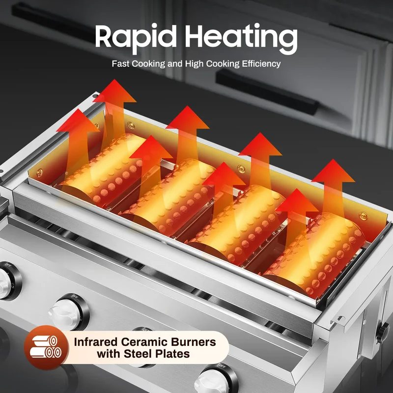 Plancha Gaz 4 Brûleurs Inox – Barbecue de Table Sans Fumée, Grille Amovible (GPL)