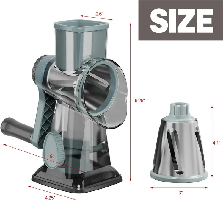 Râpe à Tambour Rotatif 3-en-1 Acier Inoxydable — Trancheur, Râpe Grossière et Fine