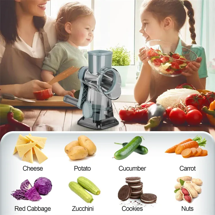 Râpe à Tambour Rotatif 3-en-1 Acier Inoxydable — Trancheur, Râpe Grossière et Fine
