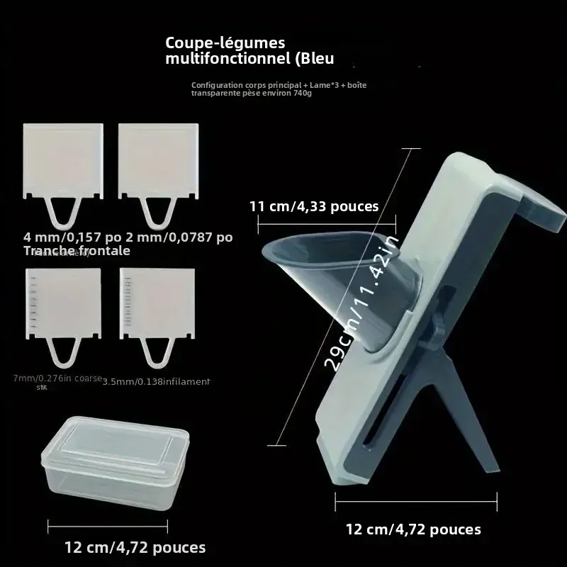 Mandoline Alimentaire Multifoncionnelle — 4 Lames Interchangeables 2, 3.5, 4, 7 mm