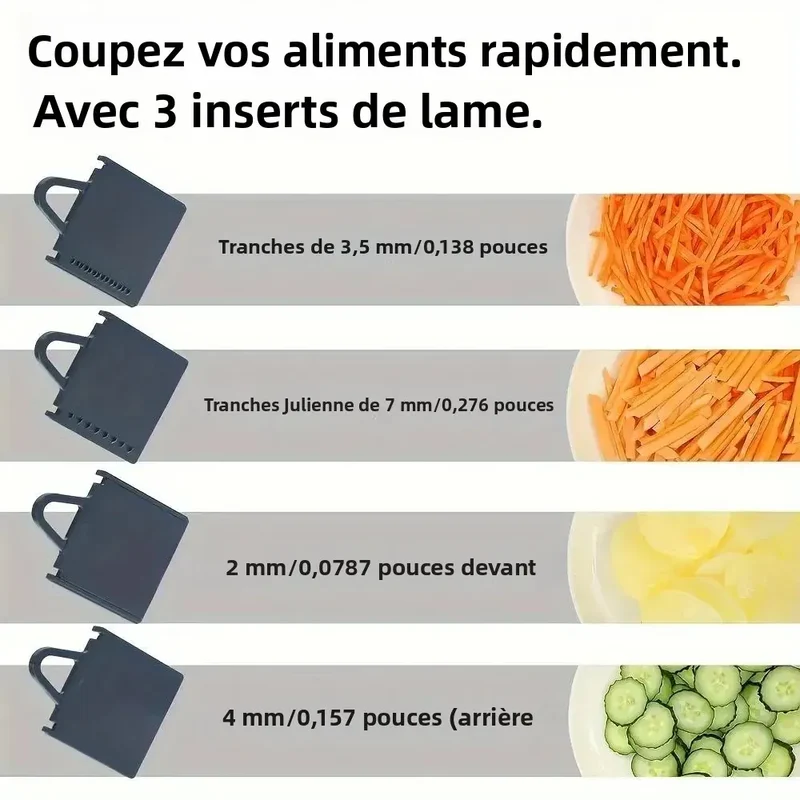 Mandoline Alimentaire Multifoncionnelle — 4 Lames Interchangeables 2, 3.5, 4, 7 mm