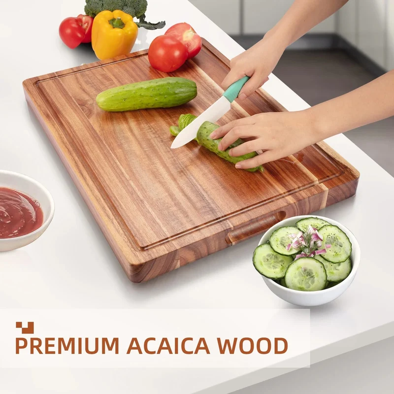 Planche à Découper en Bois d'Acacia Massif avec Rainures Jus et Poignées — 51×38 cm ou 61×46 cm