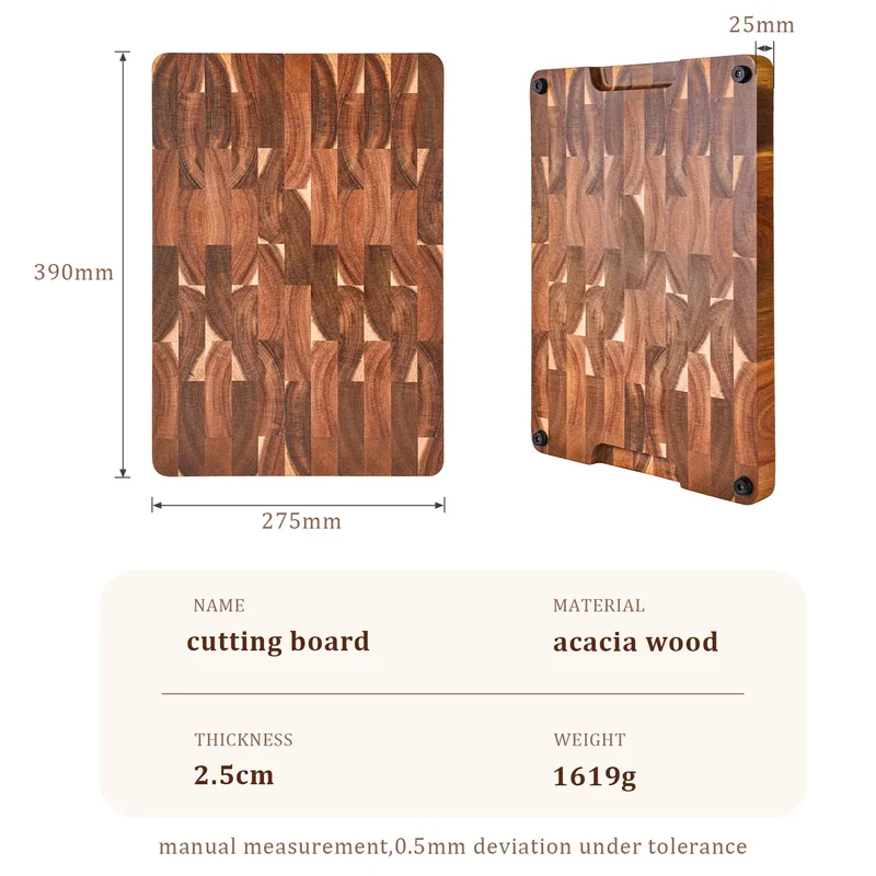 Planche à Découper en Acacia Massif 39 × 27,5 cm Grain Debout avec Poignées