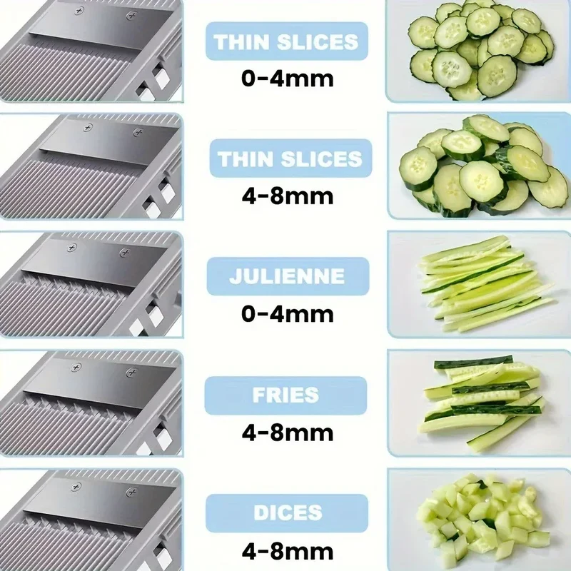 Mandoline Légumes Réglable 4 Modes — Tranches, Julienne, Dés, 0–8 mm