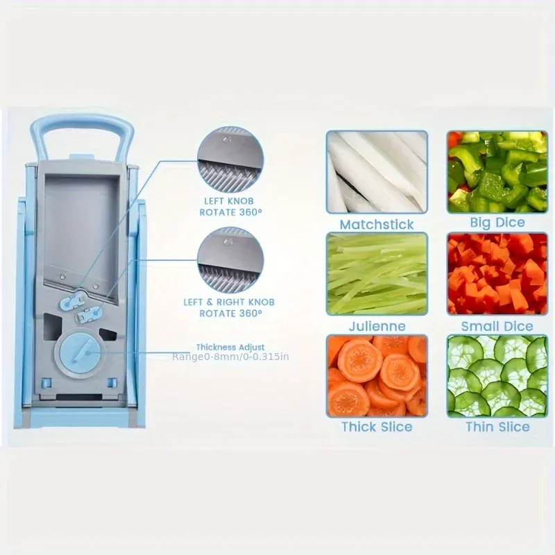 Mandoline Légumes Réglable 4 Modes — Tranches, Julienne, Dés, 0–8 mm