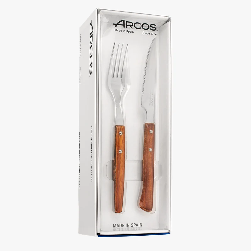 Juego 6 pzas. Cuchillos Chuleteros y 6 pzas. Tenedor Madera de Haya Comprimida