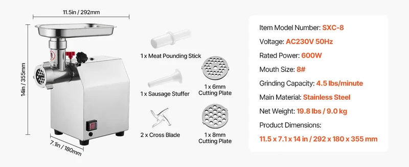 Hachoir à Viande Électrique Inox — 600W / 850W / 1100W avec Embout à Saucisses