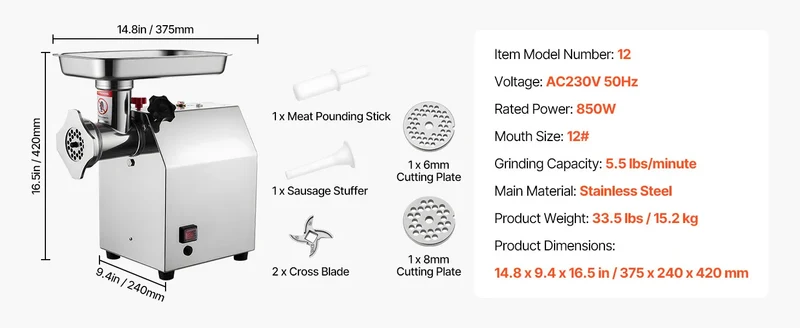 Hachoir à Viande Électrique Inox — 600W / 850W / 1100W avec Embout à Saucisses