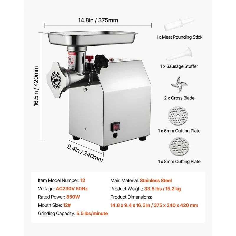 Hachoir à Viande Électrique Inox — 600W / 850W / 1100W avec Embout à Saucisses