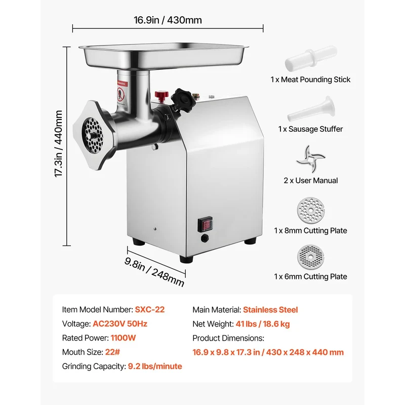 Hachoir à Viande Électrique Inox — 600W / 850W / 1100W avec Embout à Saucisses