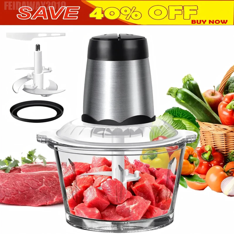 Hachoir Électrique Multifonction 300 W — Bol en Verre 2 L, 4 Lames Inox, 2 Vitesses