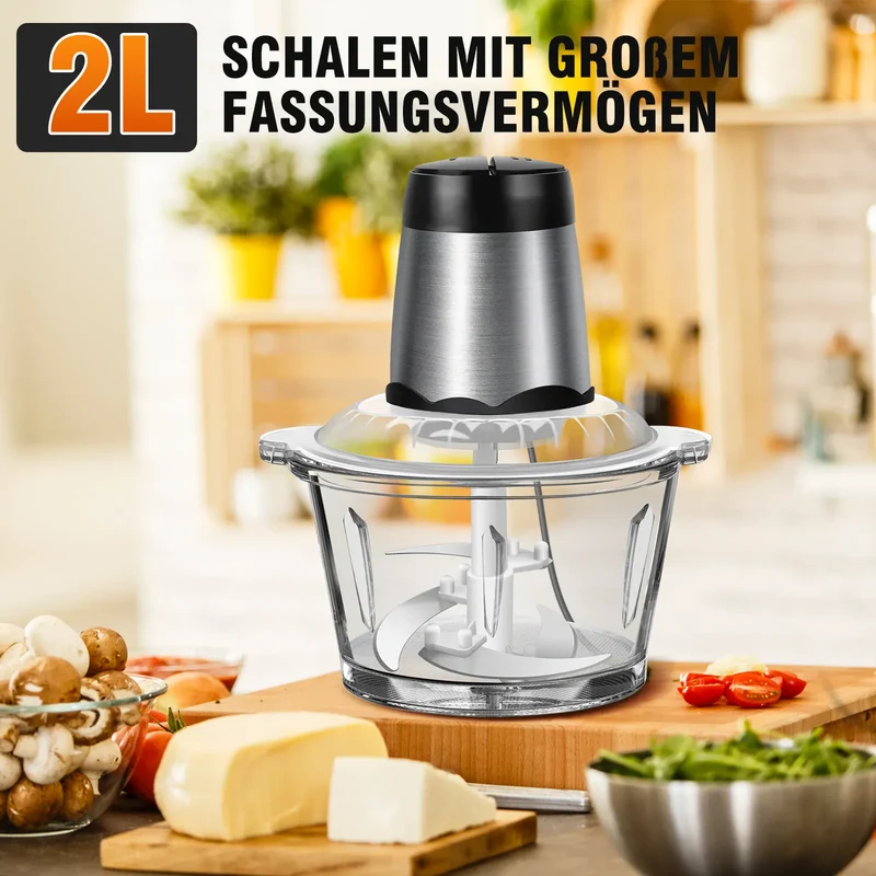 Hachoir Électrique Multifonction 300 W — Bol en Verre 2 L, 4 Lames Inox, 2 Vitesses