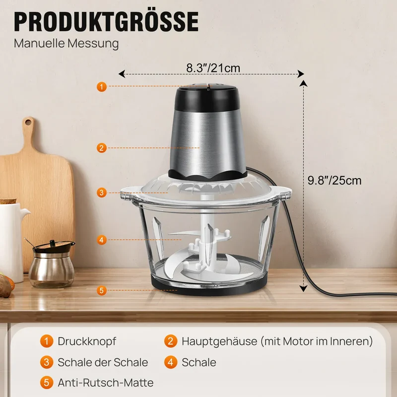 Hachoir Électrique Multifonction 300 W — Bol en Verre 2 L, 4 Lames Inox, 2 Vitesses